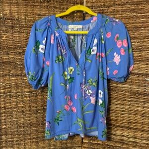LOFT Blue Floral Puffed Sleeve Blouse
